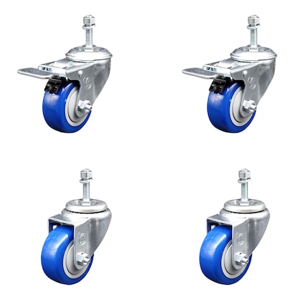 Service Caster 3 Inch Blue Polyurethane Swivel 10mm Stem Caster Total Lock Brake SCC, 2PK SCC-TSTTL20S314-PPUB-BLUE-M1015-2-S2